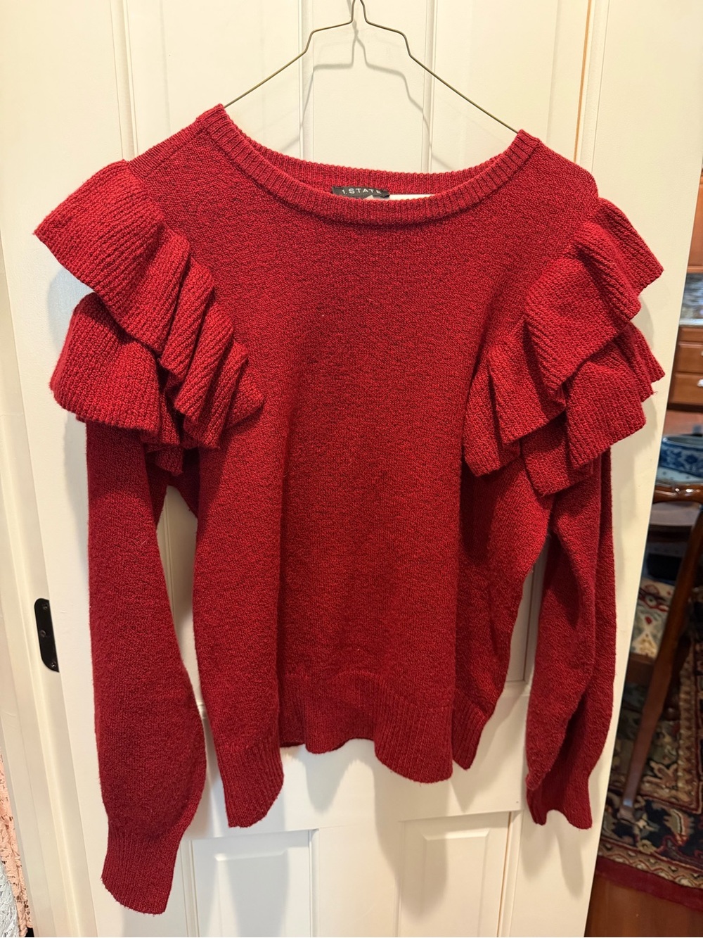 Red Ruffle Shoulder Sweater - Women's